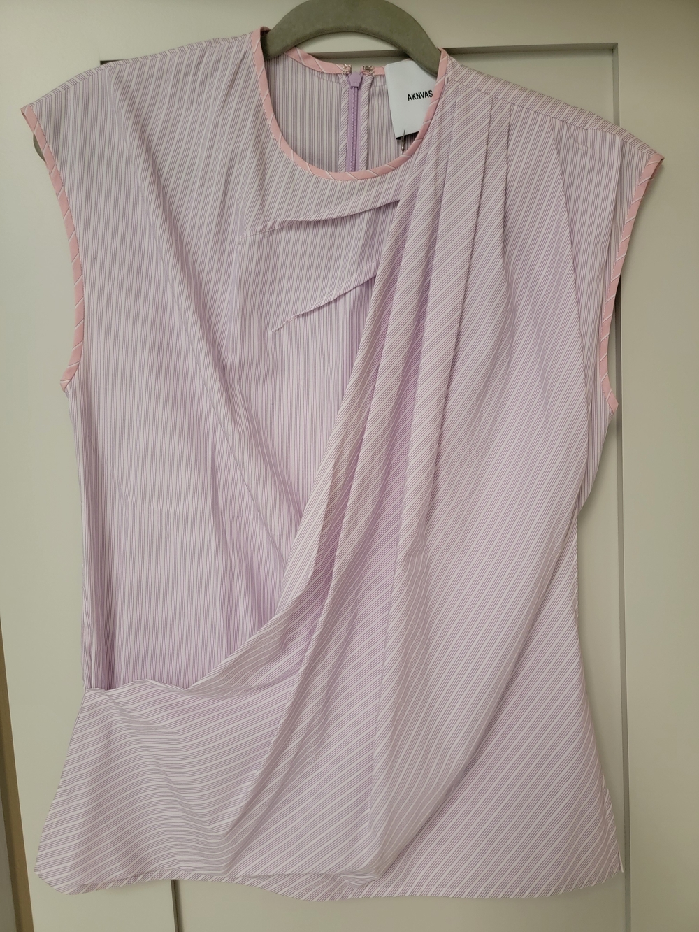 Aknvas Lavender & Pink Trim Draped Pinstripe Blouse Size Small